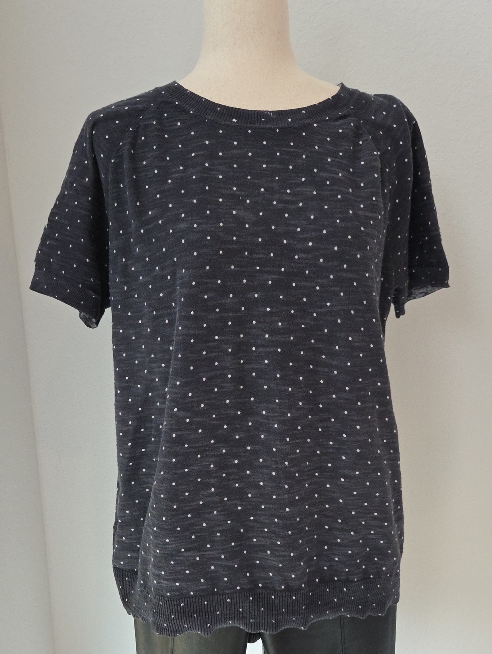 LOFT Charcoal Blue Short-Sleeve Knit Top White Polka Dots Heather Cotton Xl